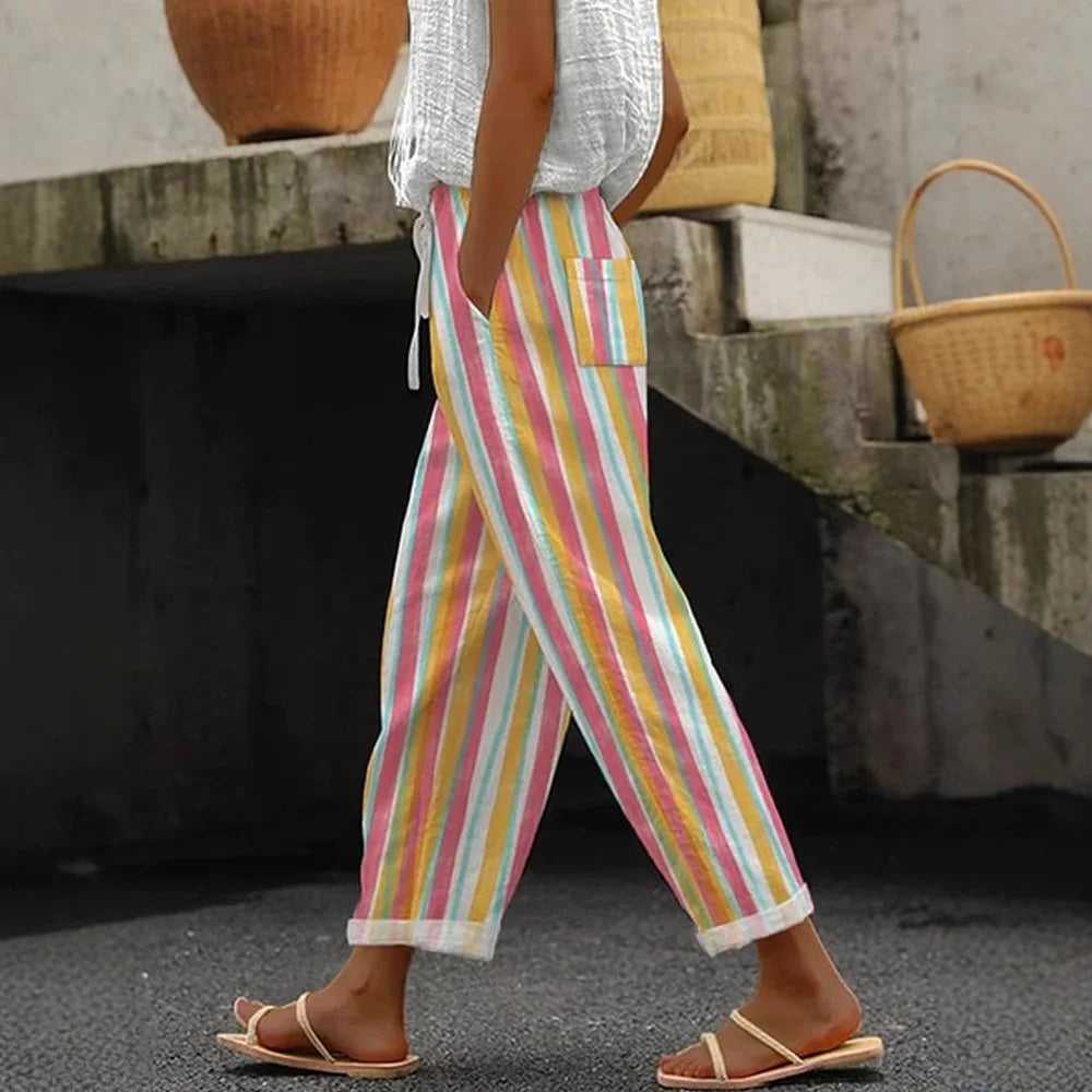 2025 New Women's Trousers Vertical Striped Drawstring Elastic Waist Pocket Fashion Street Versatile Casual Pants
