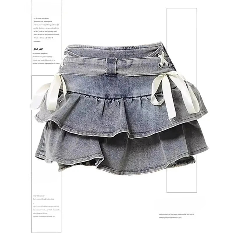 Women's Blue Black Riveted Belt Denim Skirt Y2K Harajuku High Street Fashion 90s Sexy A-line Mini Skirt Summer Clothing 2026 New