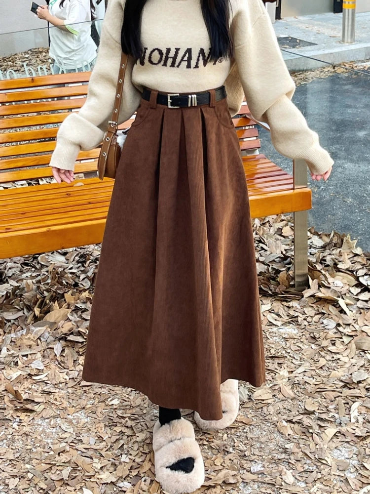 Qiukichonson Mid Long Skirts Womens Corduroy Skirt 2023 Autumn Winter Korean Vintage High Waist Ruffle Pleated Skirts With Belt