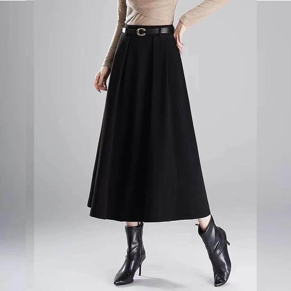 FairyShely Vintage Pleated Short Skirt Women 2026 Autumn Winter Woolen High Waist Belt Black Skirts Female Pocket A-line Skirt