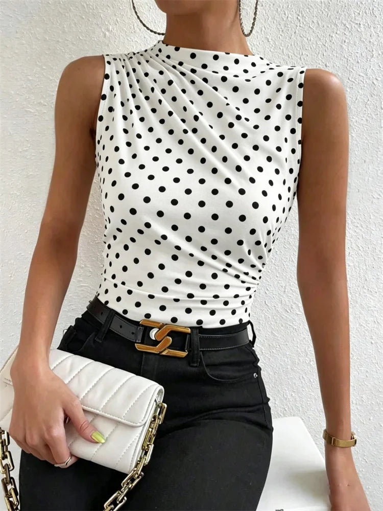 Fashion Casual Mock Neck Ruched Tank Top for Women Summer 2024 Solid Color Pleated Sleeveless Tee Shirt Tshirt Streetwear Y2K