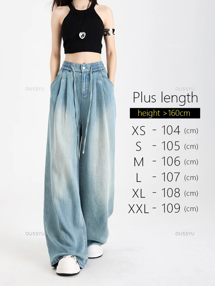 Summer Luxury Soft Cozy 100%Lyocell Fabric Woman Jeans Loose Wide Leg Elastic Waist Pants Fashion Casual Trousers Plus Length
