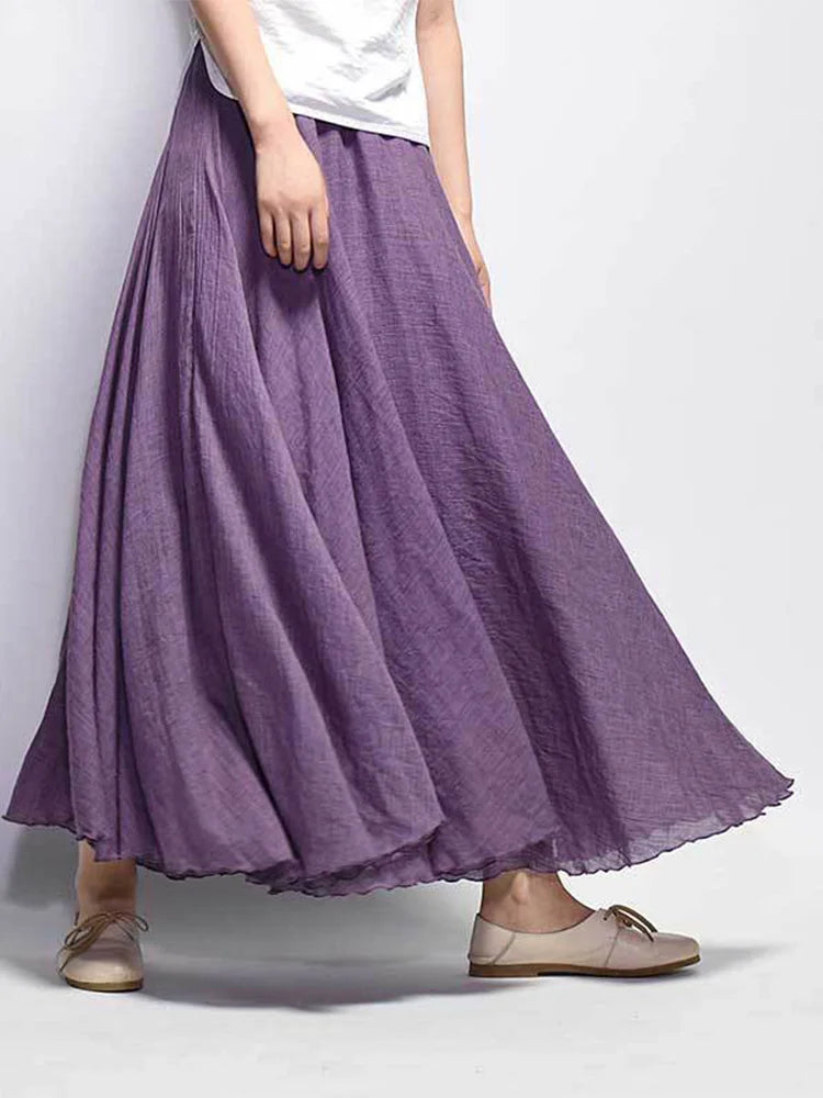 Women's Elegant High Waist Linen Maxi Skirt 2024 Summer Ladies Casual Elastic Waist 2 Layers Skirts saia feminina