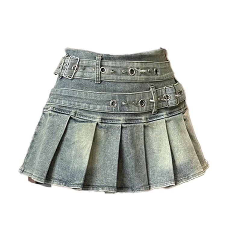Women's Blue Black Riveted Belt Denim Skirt Y2K Harajuku High Street Fashion 90s Sexy A-line Mini Skirt Summer Clothing 2026 New