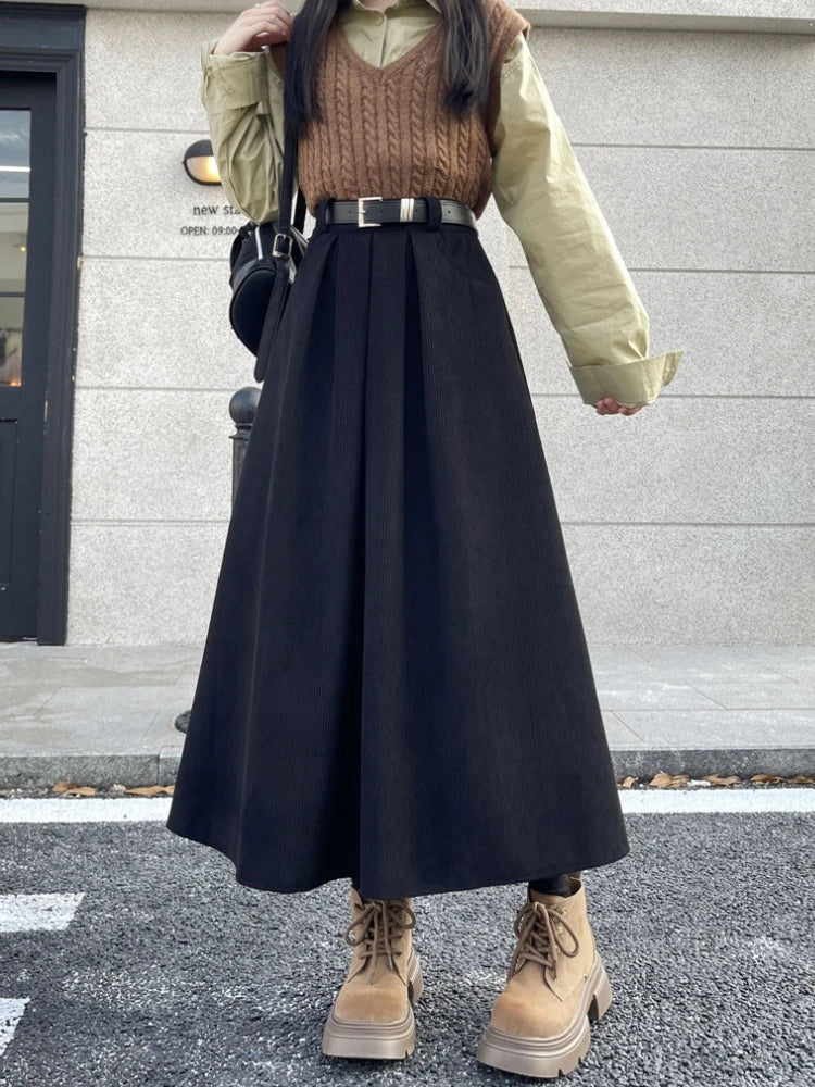 Qiukichonson Mid Long Skirts Womens Corduroy Skirt 2023 Autumn Winter Korean Vintage High Waist Ruffle Pleated Skirts With Belt