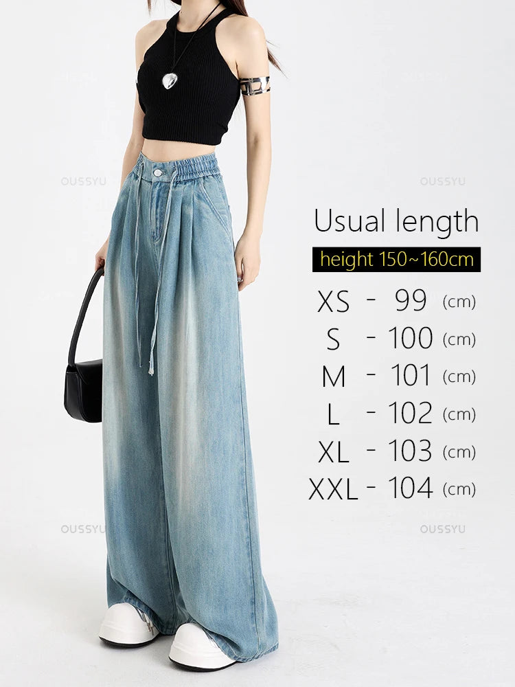Summer Luxury Soft Cozy 100%Lyocell Fabric Woman Jeans Loose Wide Leg Elastic Waist Pants Fashion Casual Trousers Plus Length