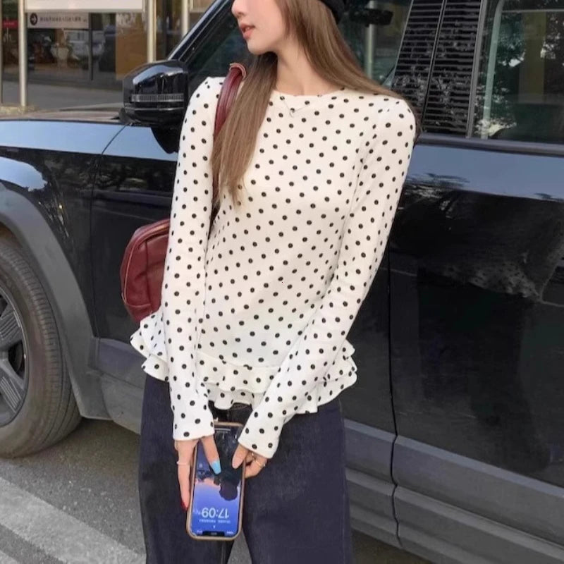 Korean Style New Ruffle Trim Long Sleeve T-Shirt For Women Polka Dot Thin Interior Top Sweet Shirts Women Clothes милый топ