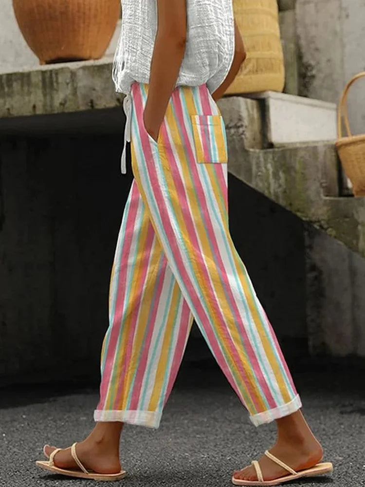 2025 New Women's Trousers Vertical Striped Drawstring Elastic Waist Pocket Fashion Street Versatile Casual Pants