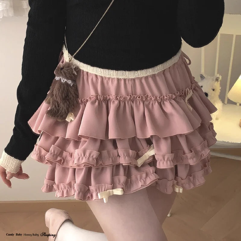 Y2K Sweet Ruffles Mini Skirt Women Kawaii Lolita Bow A Line Skirts Harajuku Japanese Cute High Waist Pink Blue Cake Skirt