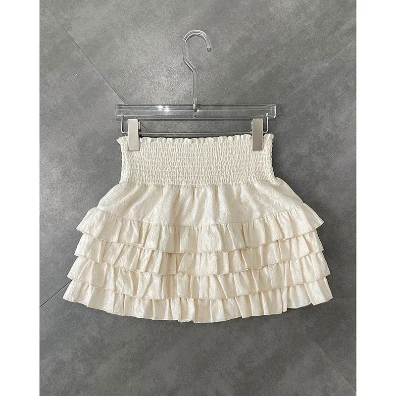 Streetwear Ruffles Mini Skirts Women Sweet Kawaii High Waist Lace A Line Skirt Summer Korean Fashion Black Ball Gown Skirts