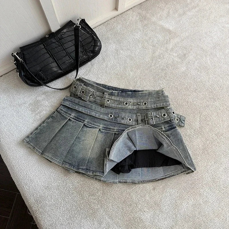 Women's Blue Black Riveted Belt Denim Skirt Y2K Harajuku High Street Fashion 90s Sexy A-line Mini Skirt Summer Clothing 2026 New