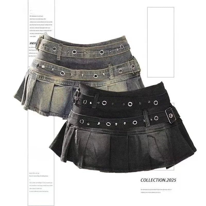 Women's Blue Black Riveted Belt Denim Skirt Y2K Harajuku High Street Fashion 90s Sexy A-line Mini Skirt Summer Clothing 2026 New