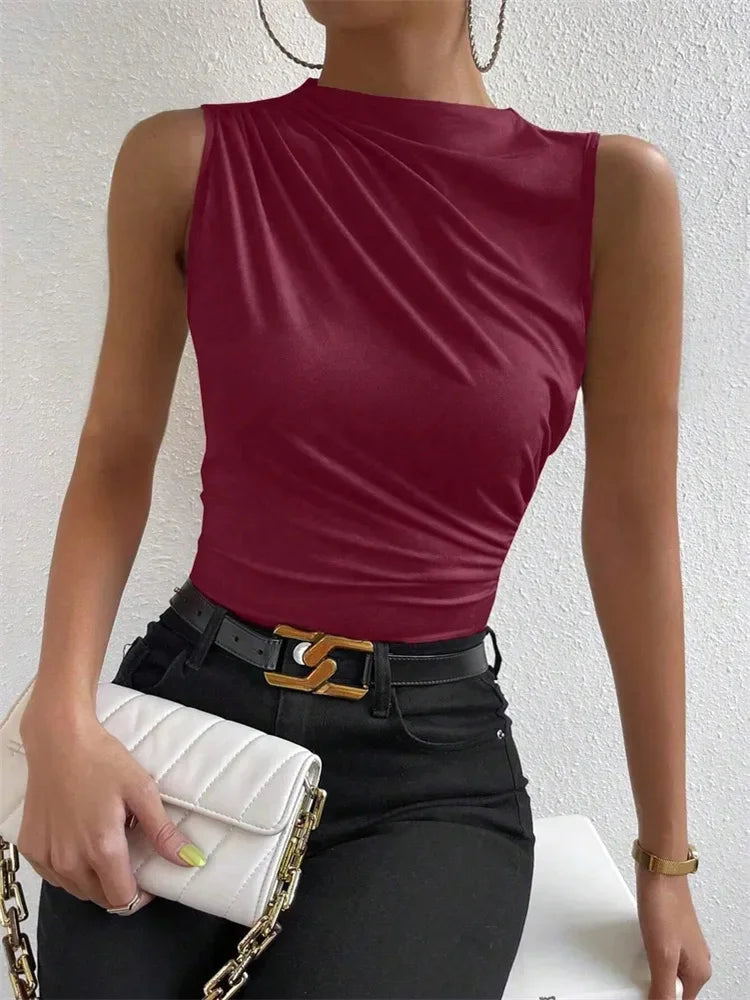 Fashion Casual Mock Neck Ruched Tank Top for Women Summer 2024 Solid Color Pleated Sleeveless Tee Shirt Tshirt Streetwear Y2K
