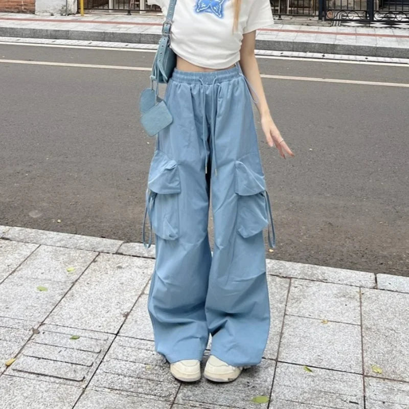 SweatPants Women Vintage Cargo Pants Fashion Elastic Waist Retro Oversized Solid Wide Leg Pant Casual Streetwear Baggy Trousers